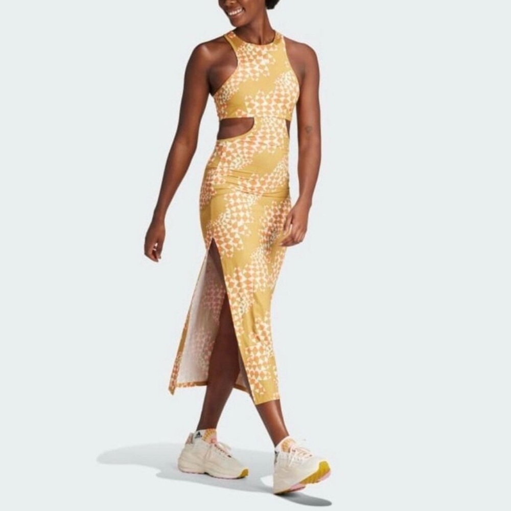 ADIDAS x FARM RIO SM Psychedelic Wave Dress Gold Coquette Cut Out Indie Sleeze